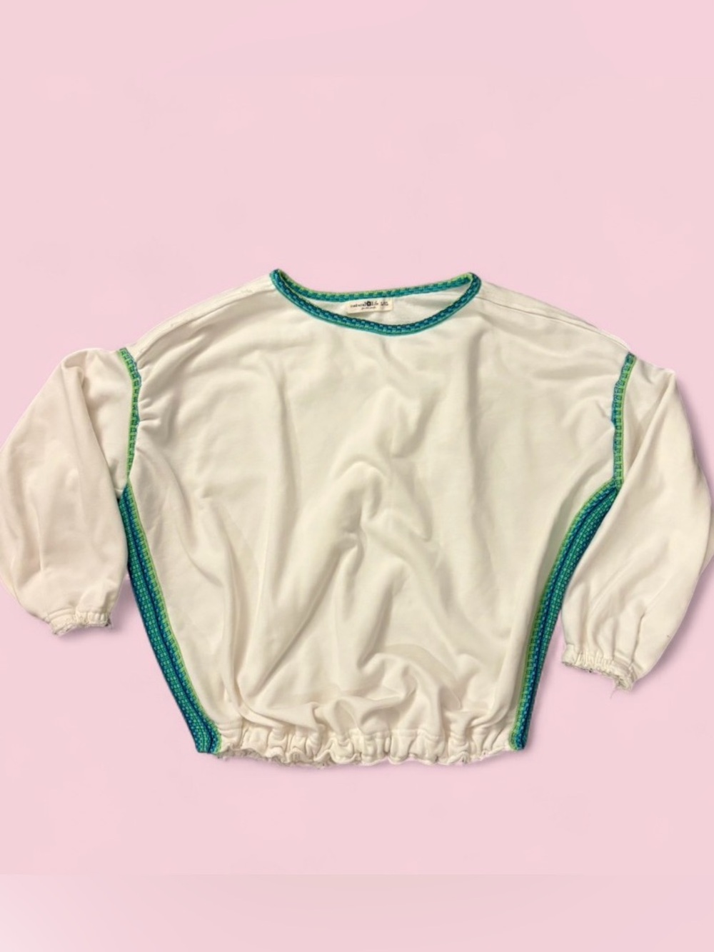 Natural Life Cream Blue Green Contrast Stitch Pullover Sweatshirt L/XL